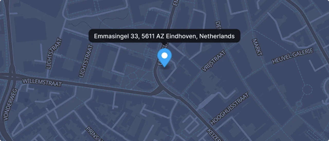 Kaart met de locatie van Vertiskola op Emmasingel 33 in het centrum van Eindhoven, Nederland.